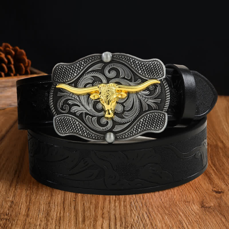 Herren quadratischer Gürtel aus goldenem Longhorn-Bullenleder