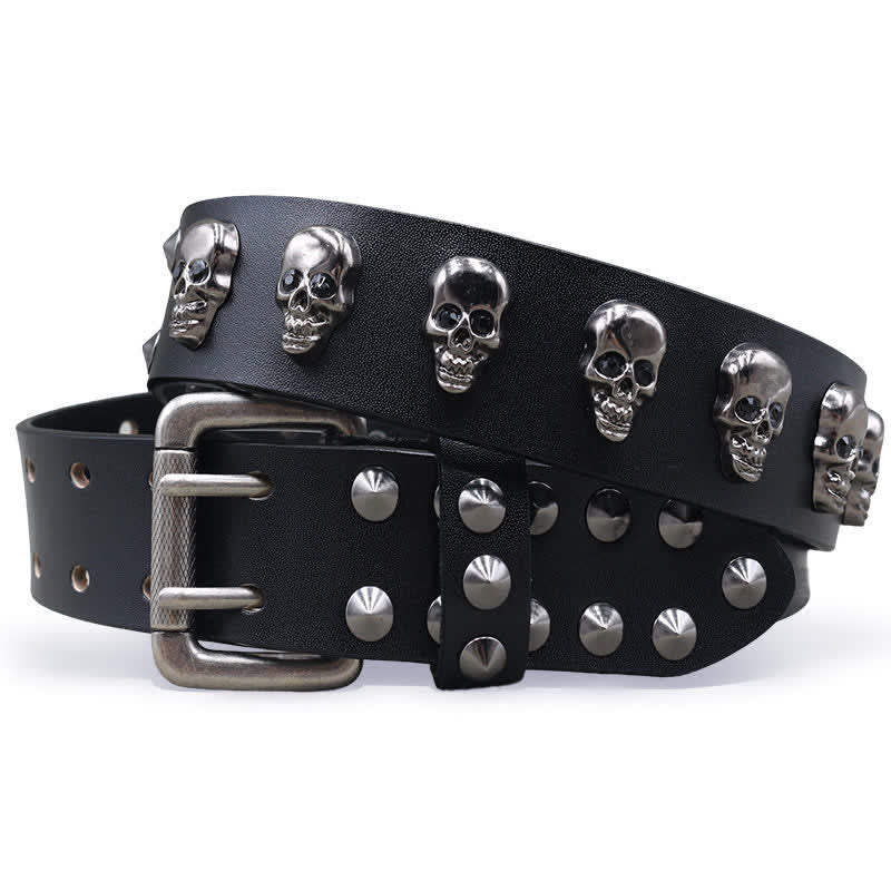 Hip Hop Totenkopf-Nieten Leder-Doppelstiftschnalle Gürtel - Schwarz - 44 - image 0