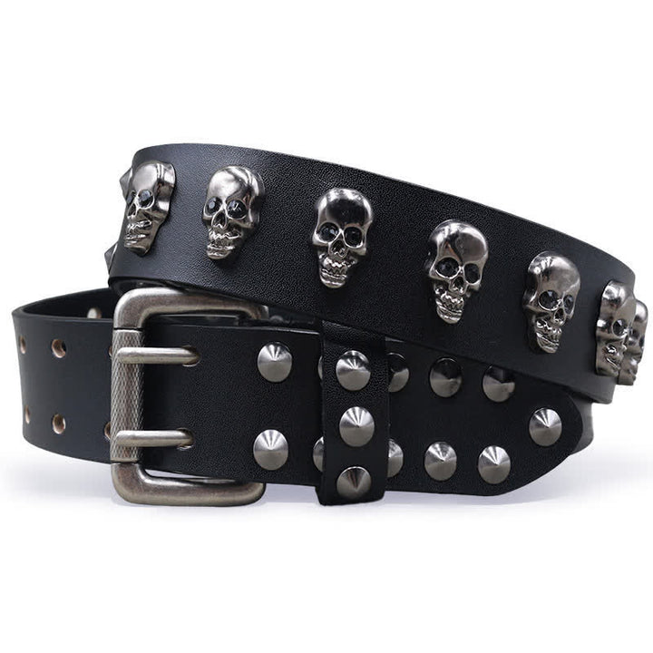 Hip Hop Totenkopf-Nieten Leder-Doppelstiftschnalle Gürtel - Schwarz - 44 - image 0