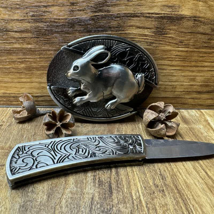 DIY-Ledergürtel mit verstecktem Kaninchen-Klappmesser für Herren