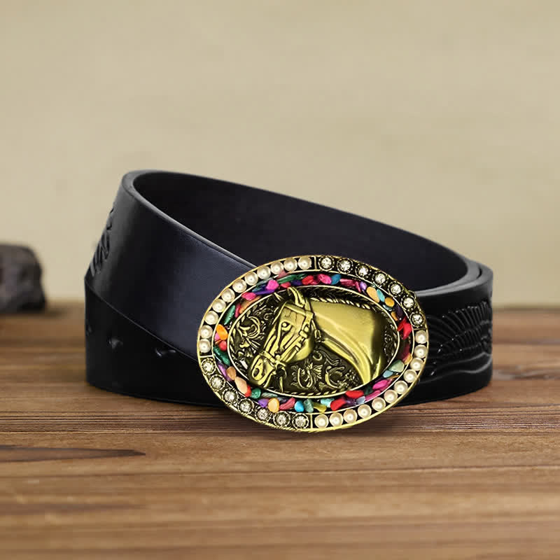Herren DIY Bronze Pferd Perlenstein Schnalle Ledergürtel