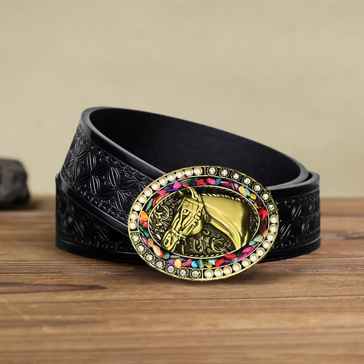 Herren DIY Bronze Pferd Perlenstein Schnalle Ledergürtel