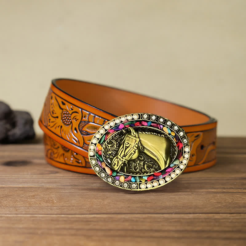 Herren DIY Bronze Pferd Perlenstein Schnalle Ledergürtel