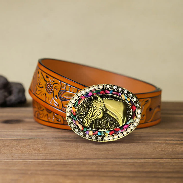 Herren DIY Bronze Pferd Perlenstein Schnalle Ledergürtel