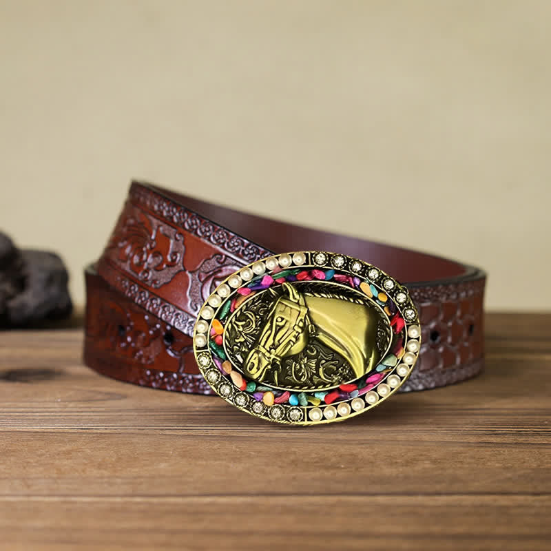 Herren DIY Bronze Pferd Perlenstein Schnalle Ledergürtel