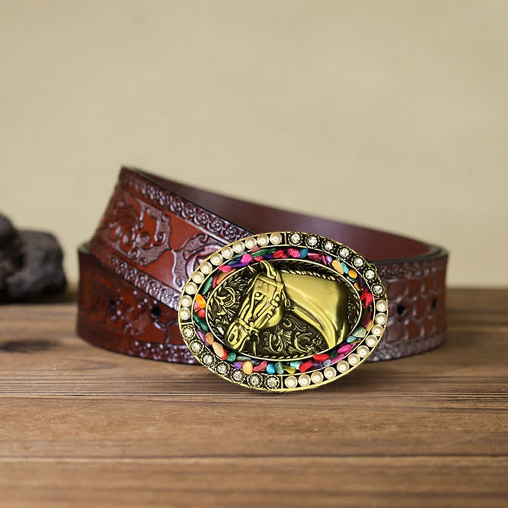 Herren DIY Bronze Pferd Perlenstein Schnalle Ledergürtel
