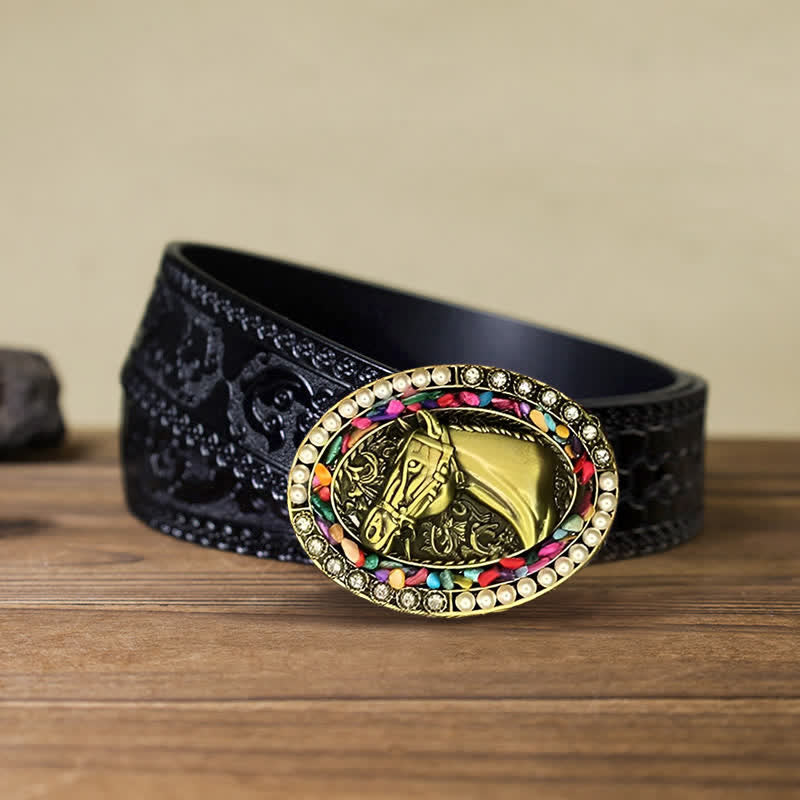 Herren DIY Bronze Pferd Perlenstein Schnalle Ledergürtel