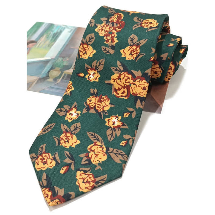 Vintage Dunkelgrüne Gelbe Blumenmuster Krawatte für Herren