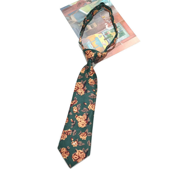 Vintage Dunkelgrüne Gelbe Blumenmuster Krawatte für Herren