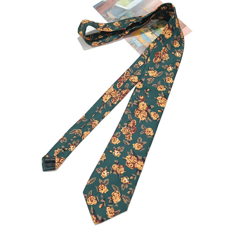 Vintage Dunkelgrüne Gelbe Blumenmuster Krawatte für Herren