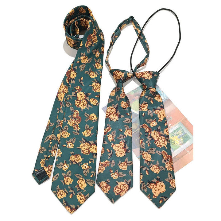 Vintage Dunkelgrüne Gelbe Blumenmuster Krawatte für Herren