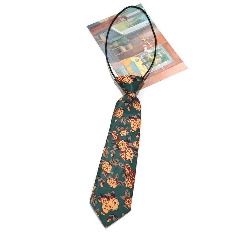 Vintage Dunkelgrüne Gelbe Blumenmuster Krawatte für Herren