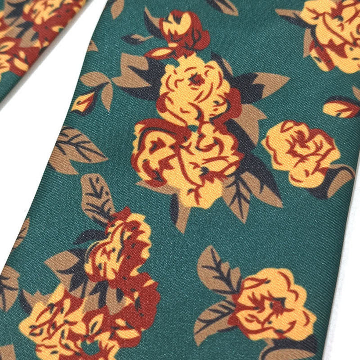 Vintage Dunkelgrüne Gelbe Blumenmuster Krawatte für Herren