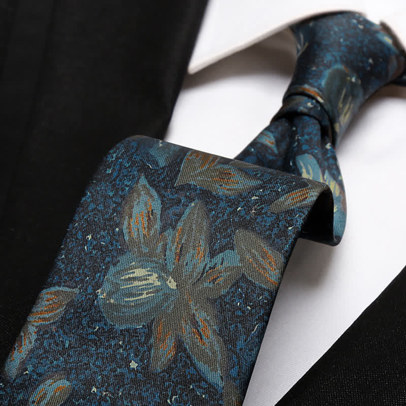 Retro-Seidenkrawatte mit Blumenmuster in Marineblau für Herren