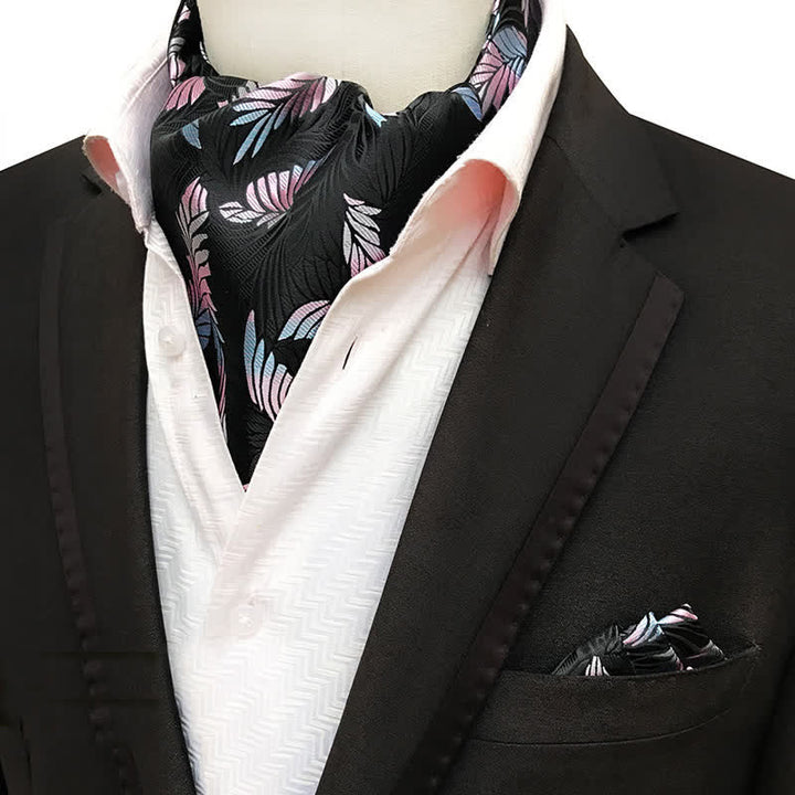 2Stk. Pink Leaves Schwarzes Einstecktuch und Krawattenset