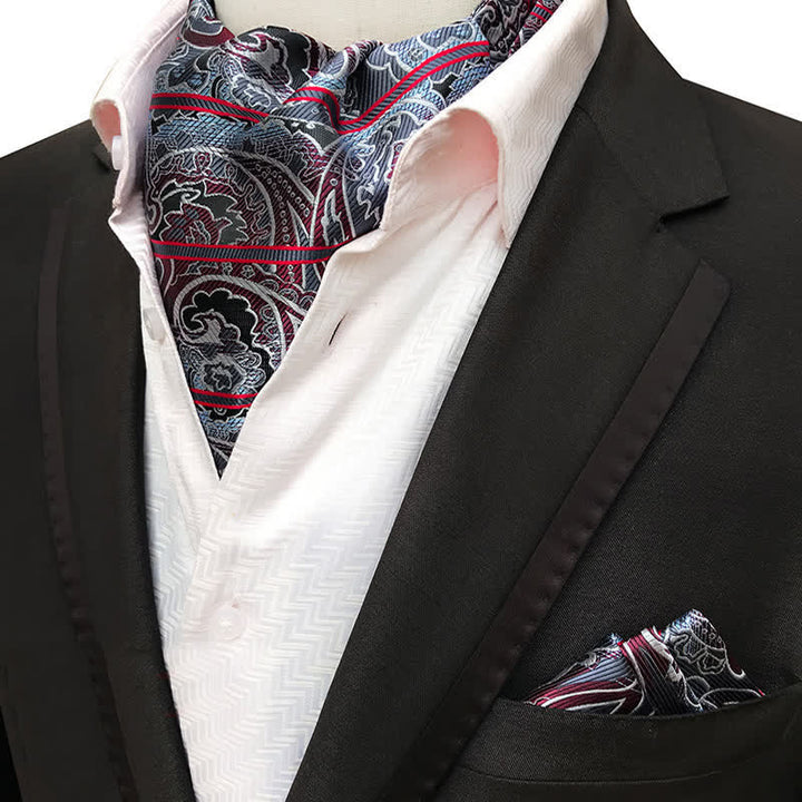 2 Stk. Rot gestreiftes &amp; Grau Paisley Einstecktuch und Krawattenset