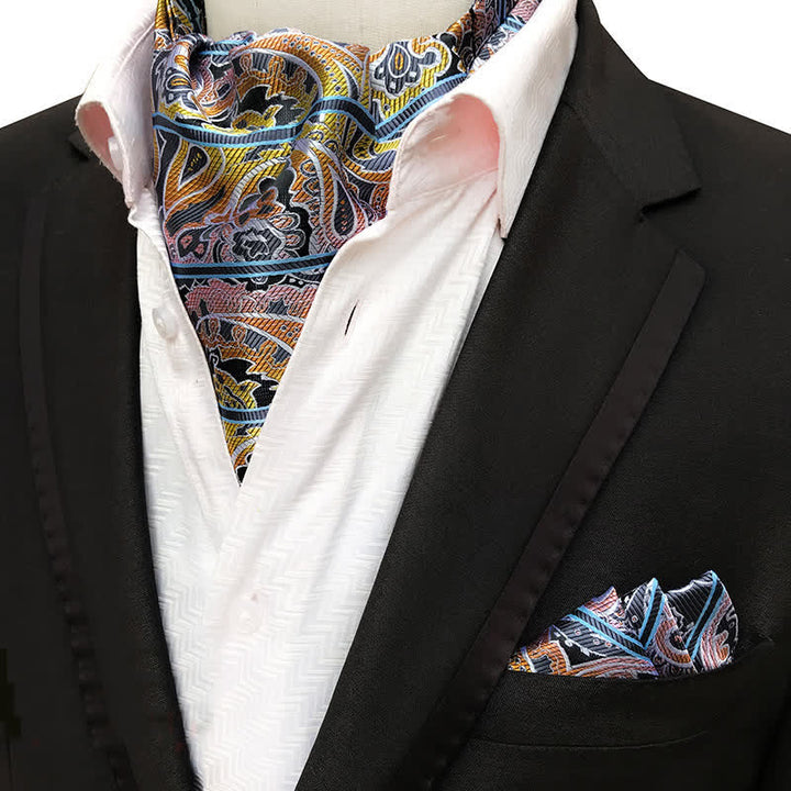 2-teiliges S/W-Streifen- und Gold-Paisley-Einstecktuch- und Plastron-Set