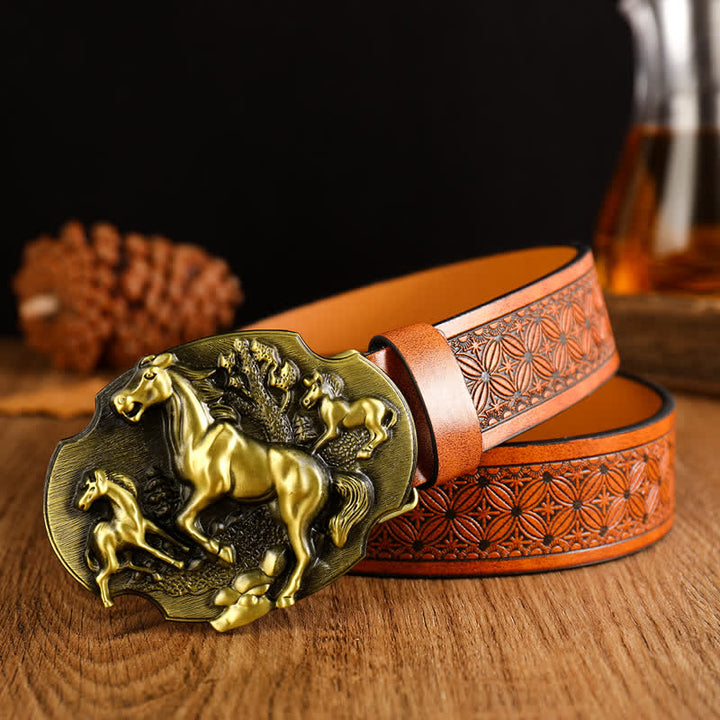 Pferd & Kuh Schnalle Leder Gürtel mit Blumenmuster