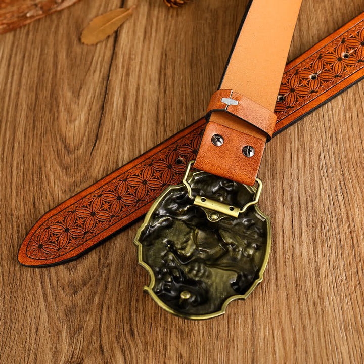 Pferd & Kuh Schnalle Leder Gürtel mit Blumenmuster