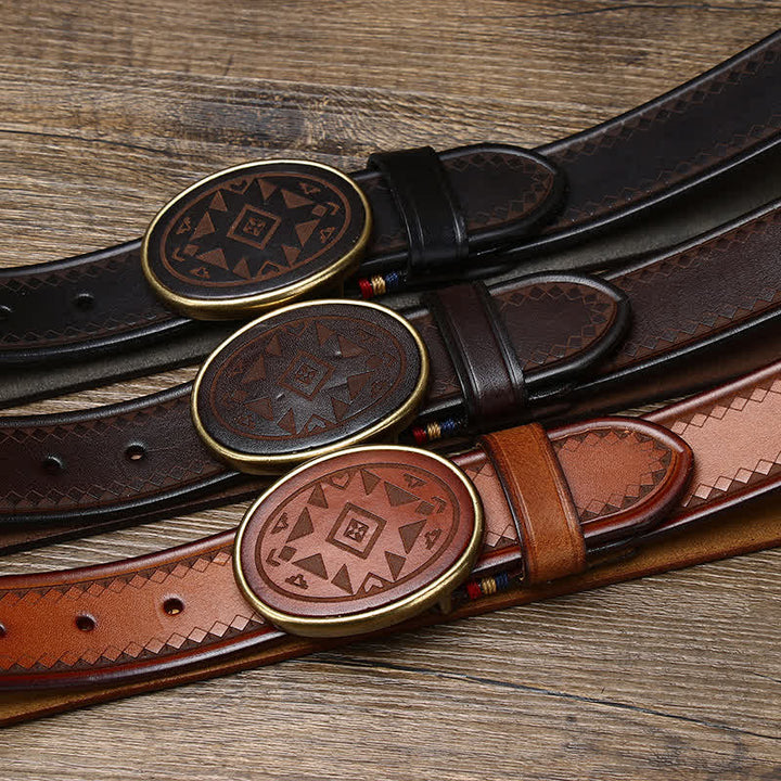 Vintage graviertes Muster dicker Echtledergürtel