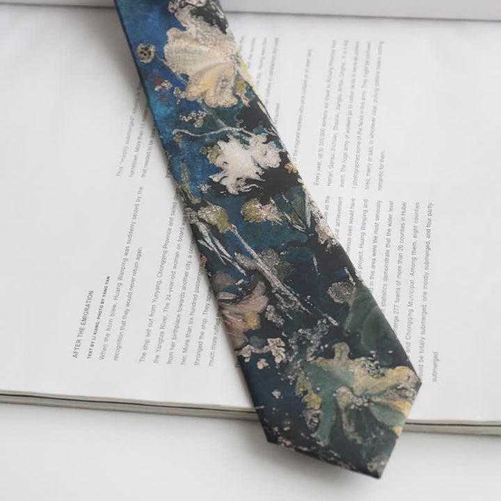 Herren Krawatte mit Lotusblatt-Ölgemälde in Blau & Grün