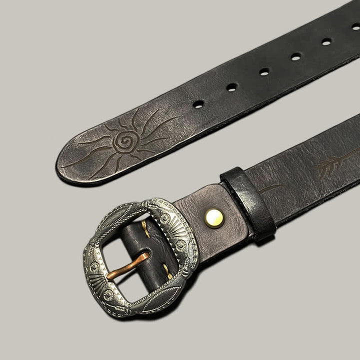 Retro geprägter Sonnemuster Gürtel mit silberner Schnalle aus Leder