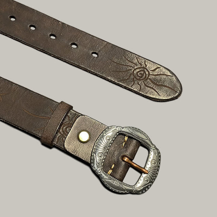 Retro geprägter Sonnemuster Gürtel mit silberner Schnalle aus Leder