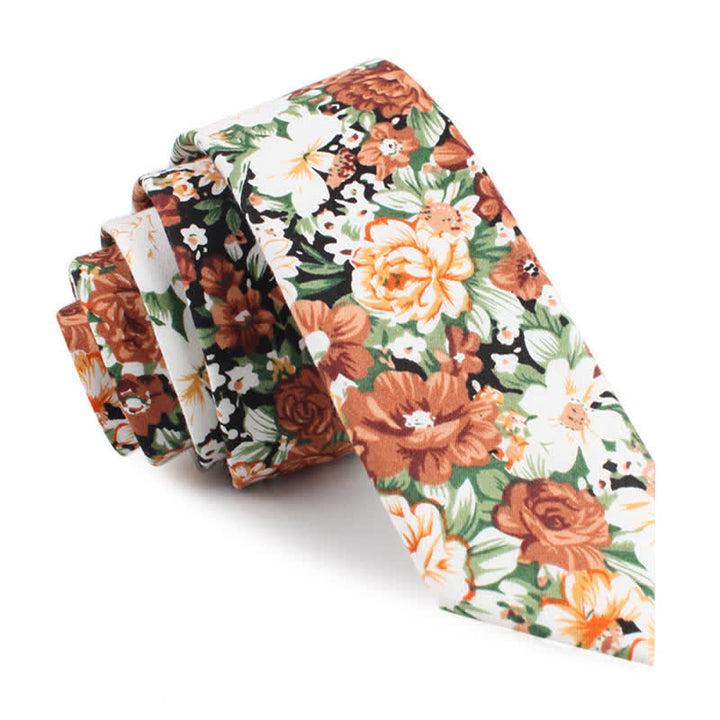 Herren Krawatte mit orangefarbenem Blumen- und Blättermuster aus Baumwolle