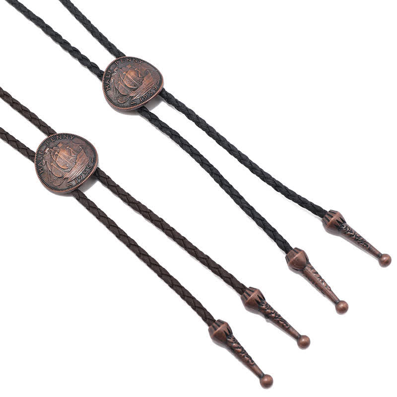 Three Sailboats Ancient Coin Leder-Bolo-Krawatte mit antiker Münze