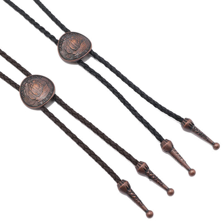 Three Sailboats Ancient Coin Leder-Bolo-Krawatte mit antiker Münze