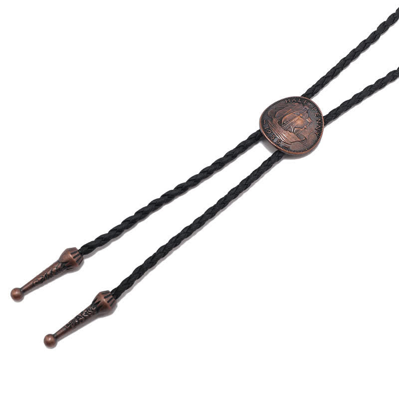 Three Sailboats Ancient Coin Leder-Bolo-Krawatte mit antiker Münze