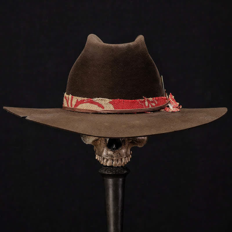 Dunkelbrauner Cowboyhut aus Wollimitat und rotem Stoff - image 1