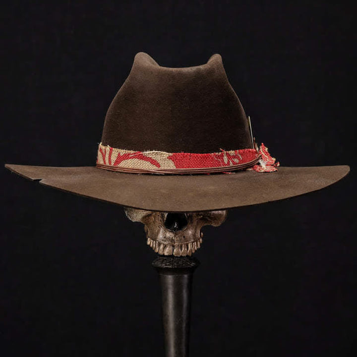 Dunkelbrauner Cowboyhut aus Wollimitat und rotem Stoff - image 1