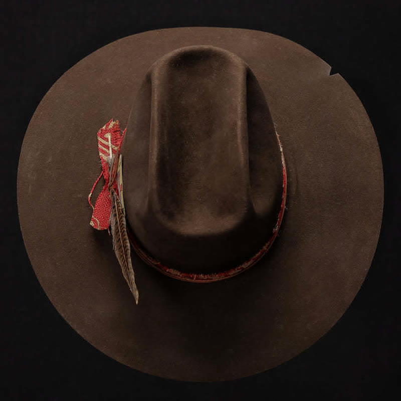 Dunkelbrauner Cowboyhut aus Wollimitat und rotem Stoff - image 3