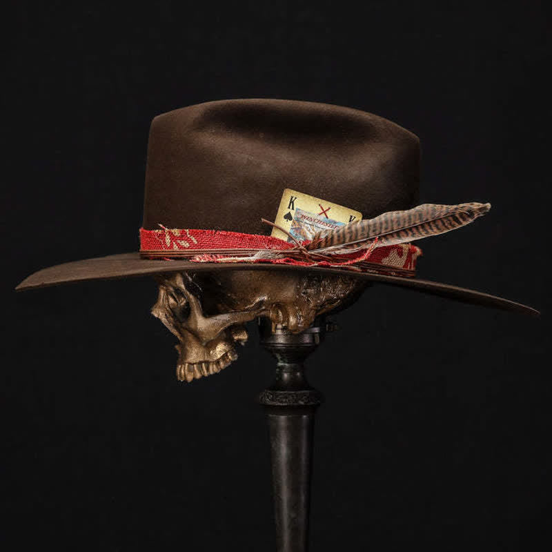 Dunkelbrauner Cowboyhut aus Wollimitat und rotem Stoff - image 2