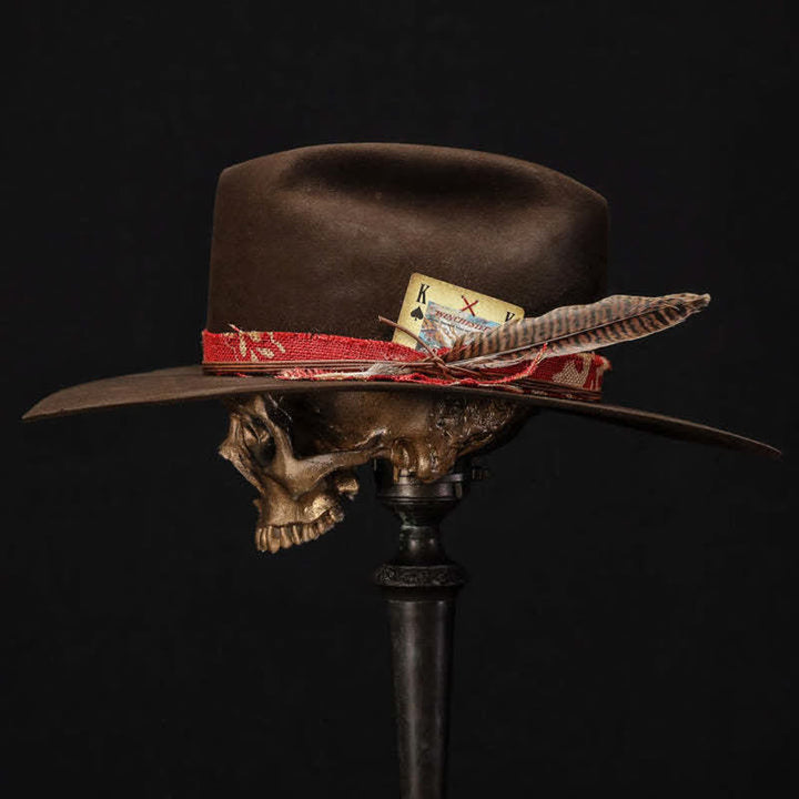 Dunkelbrauner Cowboyhut aus Wollimitat und rotem Stoff - image 2