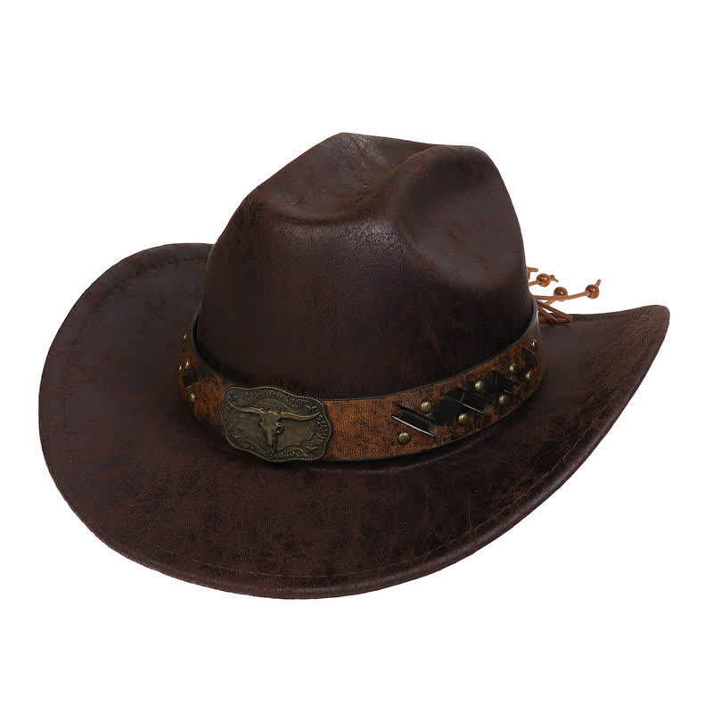 Longhorn Bull Vintage Imitation Leather Crack Cowboy Hat - Kaffee - Stil Nr. 2 - M (22"-22 7/8") - image 12