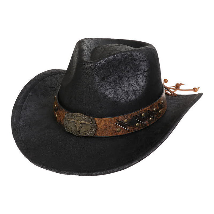 Longhorn Bull Vintage Imitation Leather Crack Cowboy Hat - Schwarz - Stil Nr. 1 - M (22"-22 7/8") - image 6