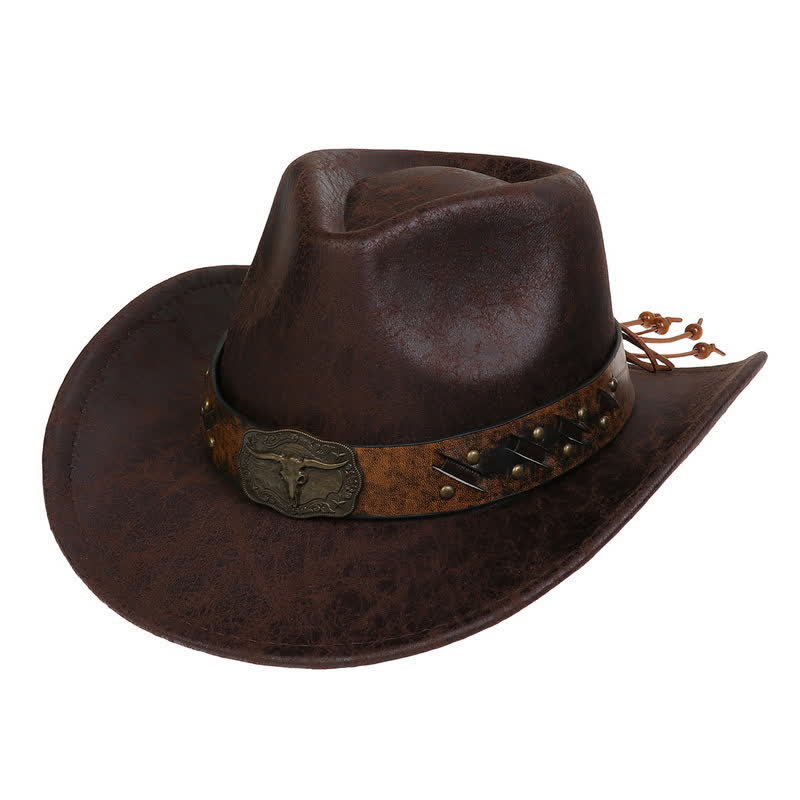 Longhorn Bull Vintage Imitation Leather Crack Cowboy Hat - Kaffee - Stil Nr. 1 - M (22"-22 7/8") - image 1