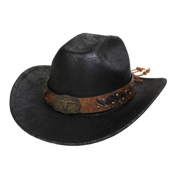 Longhorn Bull Vintage Imitation Leather Crack Cowboy Hat - Schwarz - Stil Nr. 2 - M (22"-22 7/8") - image 15