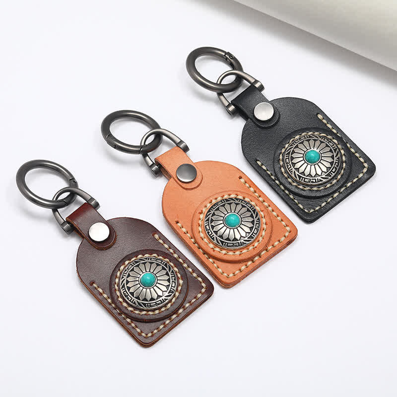 Charmanter Boho-Blumen-Schlüsselanhänger aus türkisem Leder