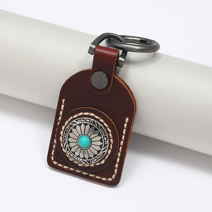 Charmanter Boho-Blumen-Schlüsselanhänger aus türkisem Leder