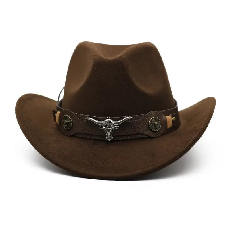 Western Wild Bull Ox Head Strap Felt Cowboy Hat - Kaffee - M (22"-22 7/8") - image 2