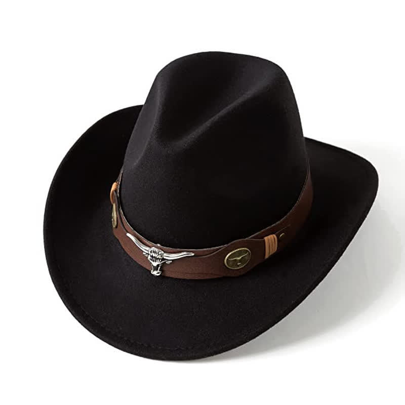 Western Wild Bull Ox Head Strap Felt Cowboy Hat - Schwarz - M (22"-22 7/8") - image 0