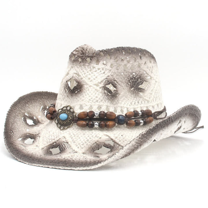 Boho Hollow-Out Perlen Schnur Cowboy Cowgirl Strohhut - Weiß - M (22"-22 7/8") - image 4