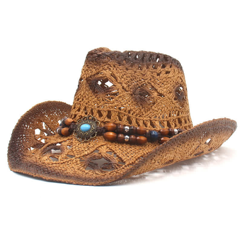 Boho Hollow-Out Perlen Schnur Cowboy Cowgirl Strohhut - Kaffee - M (22"-22 7/8") - image 0