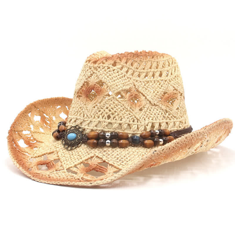 Boho Hollow-Out Perlen Schnur Cowboy Cowgirl Strohhut - Beige - M (22"-22 7/8") - image 8