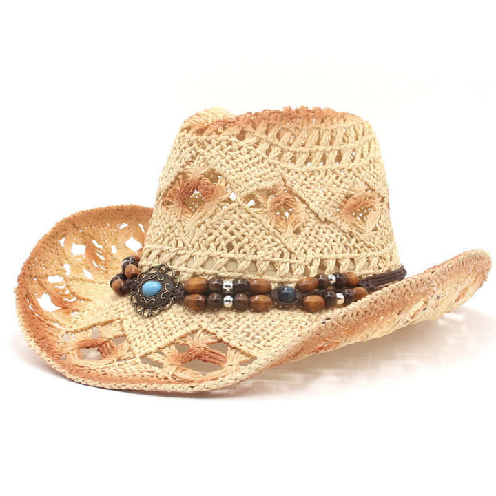 Boho Hollow-Out Perlen Schnur Cowboy Cowgirl Strohhut - Beige - M (22"-22 7/8") - image 8