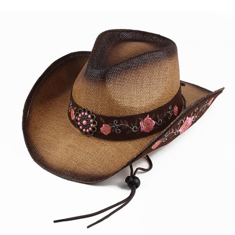 Pink Flower Western Party Cowgirl Cowboy Strohhut - Braun - M (22"-22 7/8") - image 0