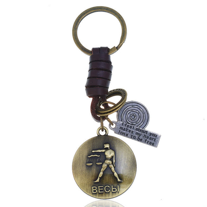 Vintage Woven 12 Constellation Pendant Leather Keychain - Waage - image 11